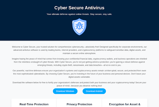A screenshot of a fake cybersecurity website, cybersecureprotect[.]com, masquerading as a legitimate antivirus service