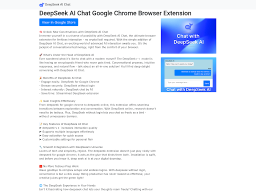 DeepSeek AI Chat Chrome extension page highlighting features like private browsing, AI chat, and secure conversations.