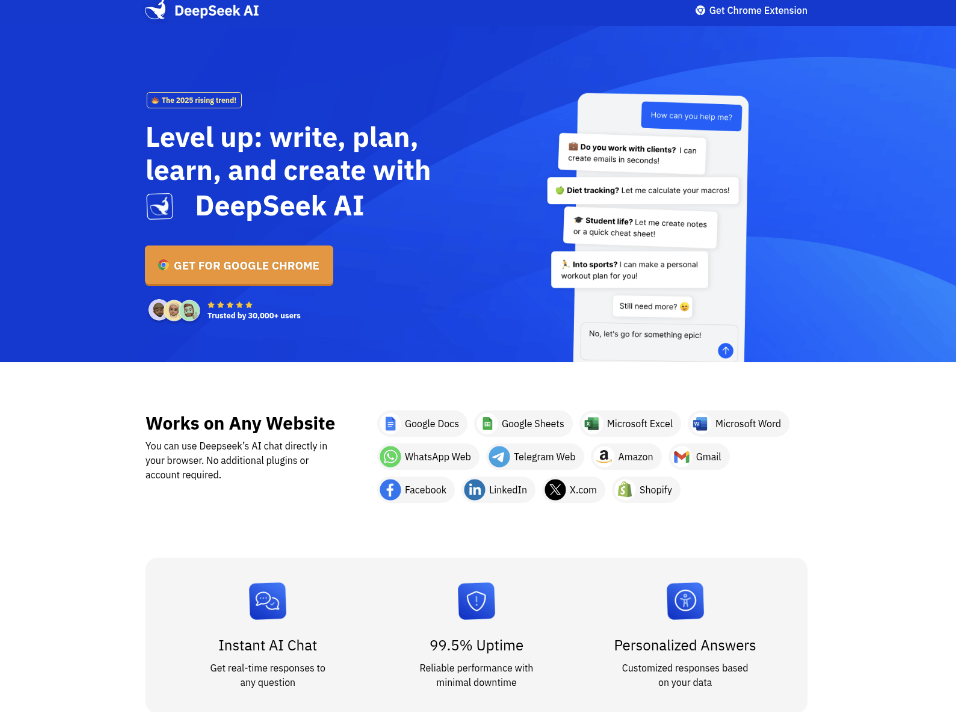 DeepSeek AI Chrome extension page promoting AI chat for writing, planning, learning, and real-time answers across websites.